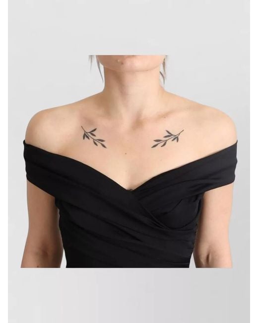 Dolce & Gabbana Black Silk Off-Shoulder Short-Sleeve Ruched Knee-Length Dress