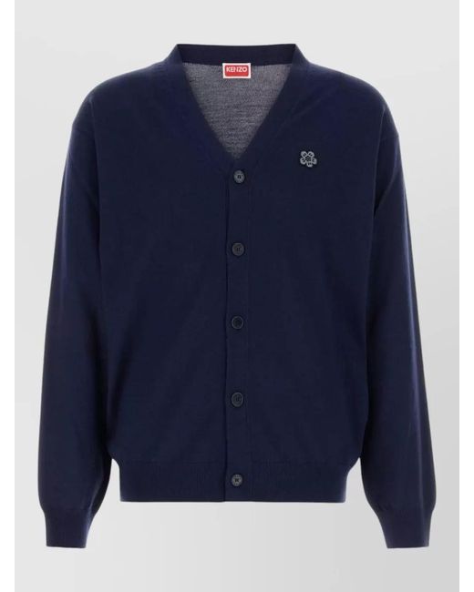 KENZO Blue Wool Cardigan V Neck Ribbed Cuffs Hem for men