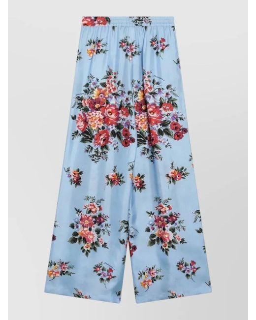 Dolce & Gabbana Blue Silk Floral-Print Wide-Leg Trousers