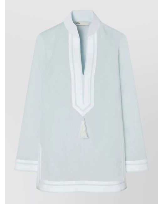Tory Burch Blue Cotton V-Neck Long-Sleeve Tunic