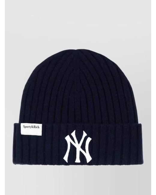 Sporty & Rich Blue Cashmere Blend Yankees Logo Beanie Hat for men