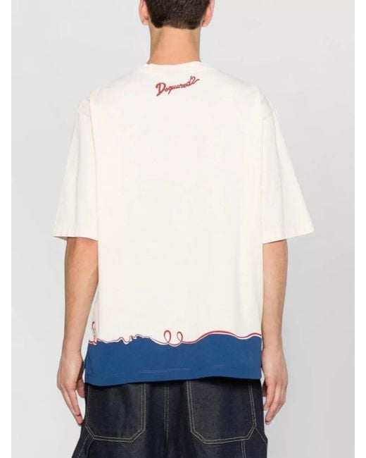 DSquared² Blue Shirt Short Sleeves Crew Neck Flamingo for men