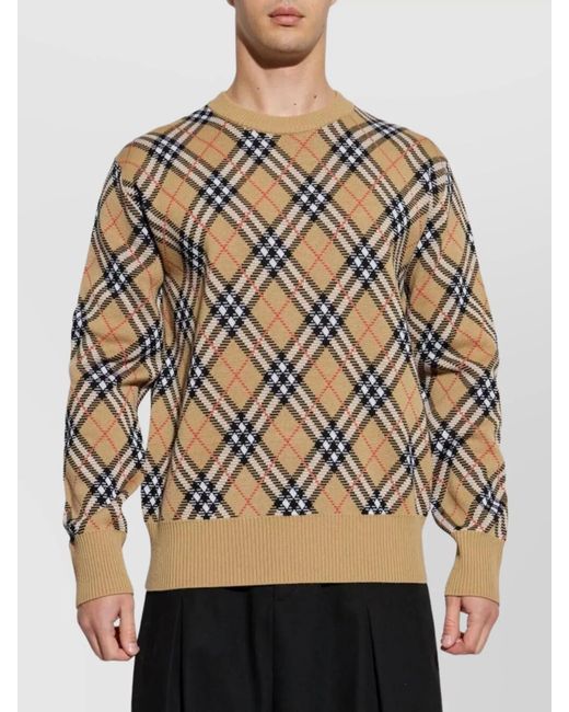 Burberry White Crew Neck Argyle Pattern Sweater for men