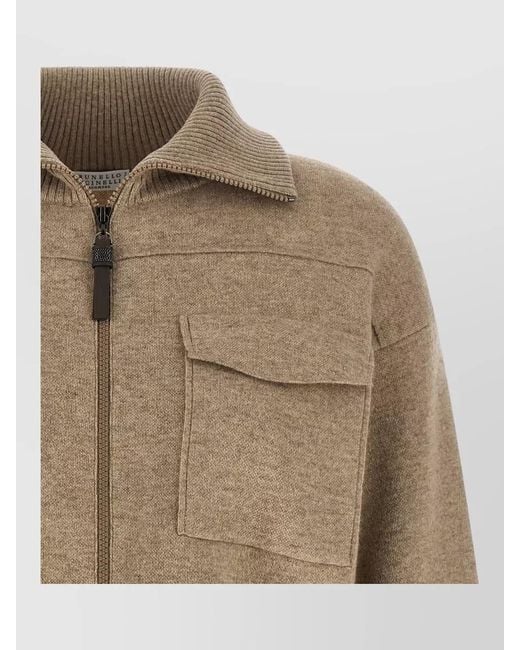 Brunello Cucinelli Natural Wool Cardigan Cropped High Neck Zipper