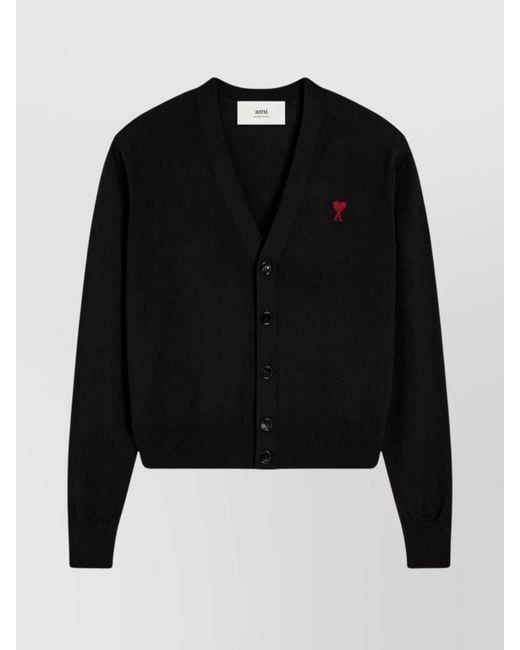 AMI Black Merino Wool Ribbed V-Neck Cardigan