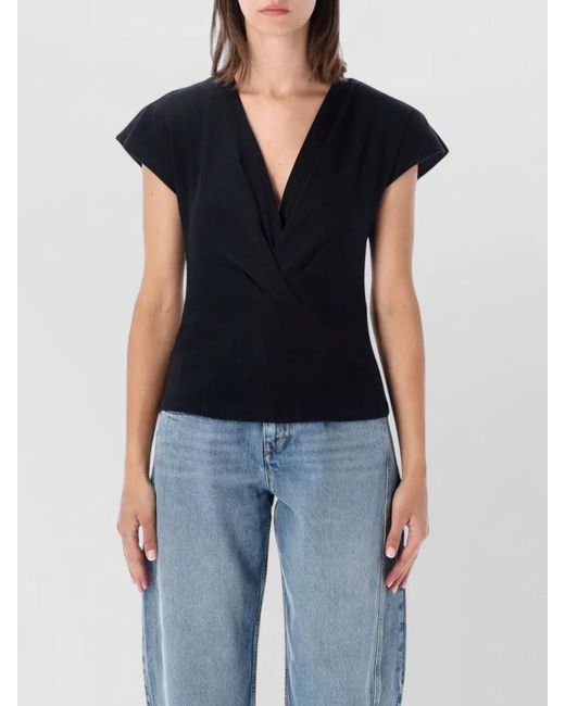 Isabel Marant Blue Cotton Slim-Fit Draped V-Neck Short-Sleeve Top