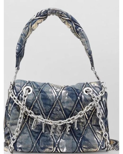DIESEL Blue Quilted Shoulder Clutch Bag Chain Strap