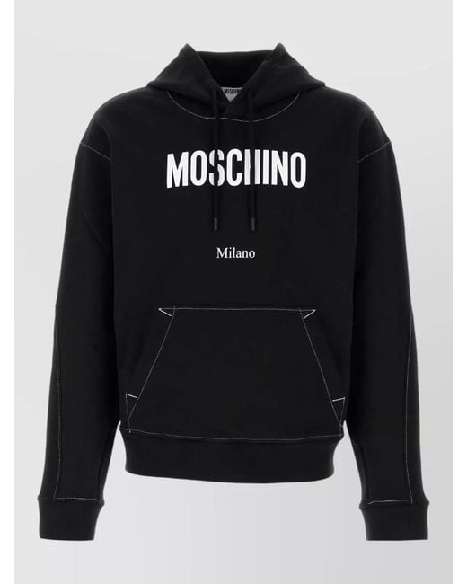 Moschino Black Cotton Hooded Sweatshirt Kangaroo Pocket Stitching for men