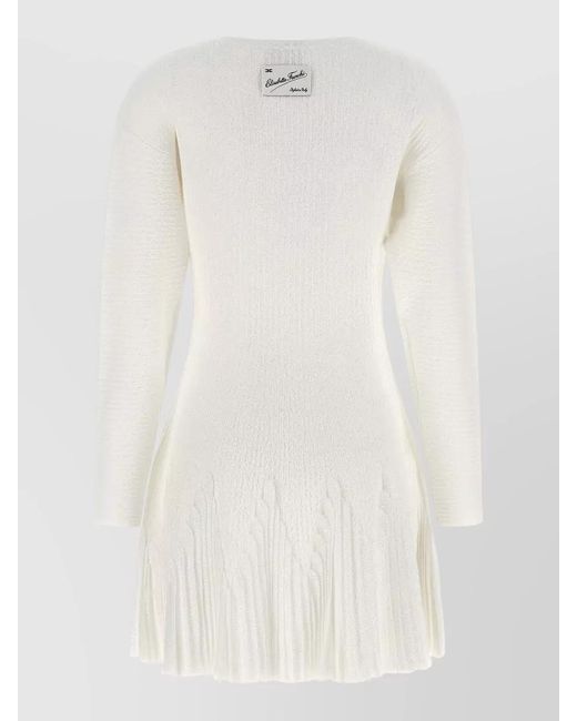 Elisabetta Franchi White Knit Dress Long Sleeves Pleated Round Neck