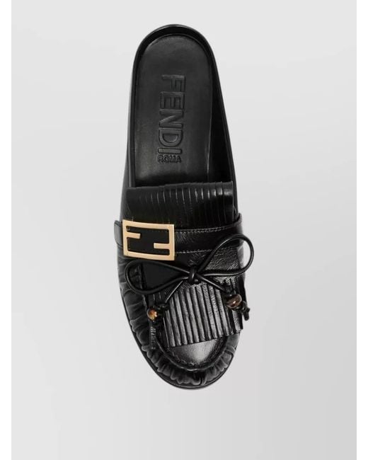 Fendi Black Loafers Round Toe Buckle Fringe Detail