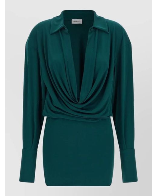 ANDAMANE Green Lilia Collared Draped Front Long Sleeve Top