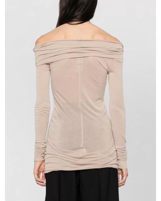 Rick Owens Natural Off Shoulder Ruched Stretch Long Sleeve Top