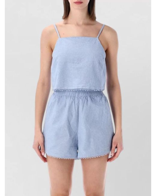 American Vintage Blue Retro Cropped Lace Trim Cotton Top
