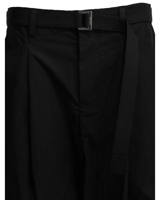 Sacai Black Typewriter Parachute Shorts Belted Pleated Pockets for men
