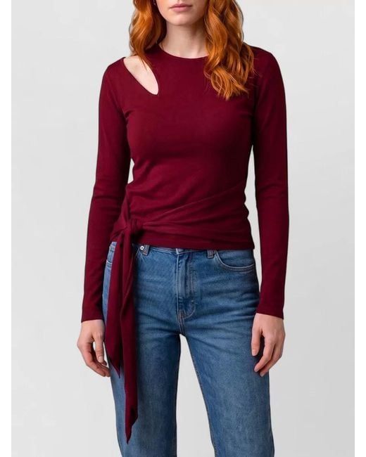 FEDERICA TOSI Red Knit Top Cutout Shoulder Long Sleeves Sash