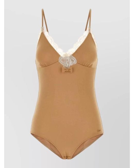 Chloé Natural Stretch Nylon Lace Bodysuit V Neckline