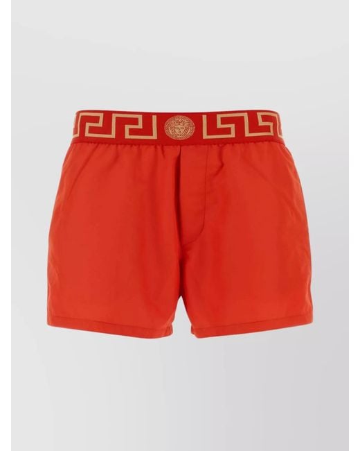 Versace Red Polyester Swim Shorts With Pockets And Elastic Waistband for men