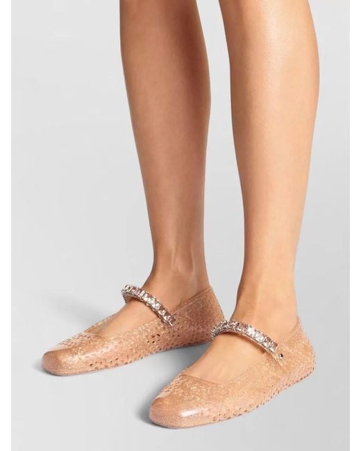 Jimmy Choo Pink Crystal Strap Square Toe Transparent Ballerina Shoes