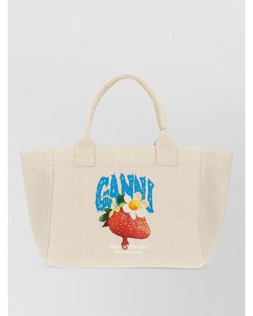 Ganni White Canvas Tote Bag Graphic Print Handles