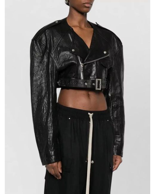 Rick Owens Black Cropped Leather Biker Jacket Belted Waist