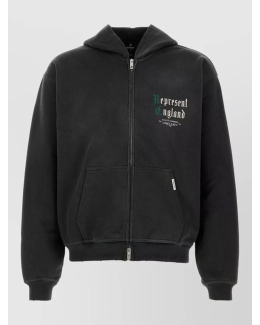Represent Black Cotton Hooded Sweatshirt Front Pockets Ribbed for men