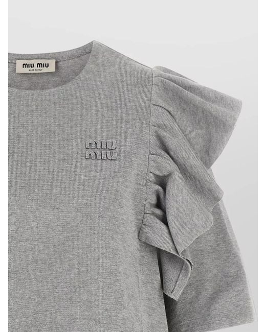 Miu Miu Gray Crew Neck Mini Dress Ruffle Detail