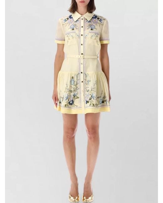 Self-Portrait Yellow Organza Mini Dress Short Sleeves Belted
