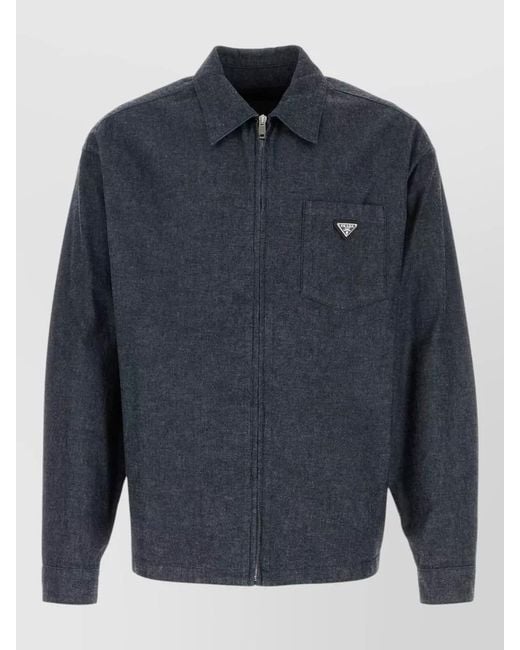 Prada Blue Chambray Shirt Long Sleeves Collared Chest Pocket for men