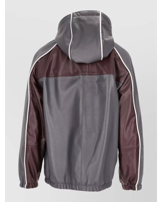 LA ROSE Gray Hooded Leather Jacket Color Block