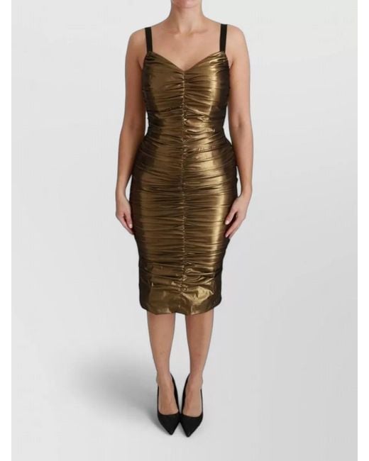 Dolce & Gabbana Green Silk Sweetheart Neck Ruched Midi Dress
