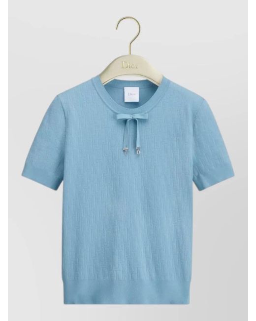 Dior Blue Knit Top Short Sleeves Bow Detail