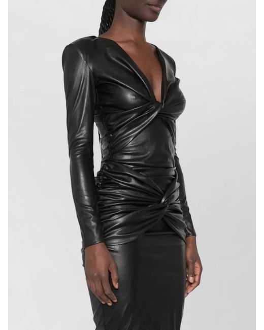 Elisabetta Franchi Black Faux-Leather Twist-Detail V-Neck Long-Sleeve Bodysuit