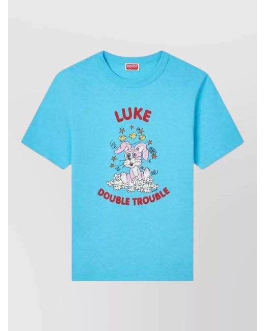 KENZO Blue Cartoon Graphic Crew Neck Cotton T Shirt for men