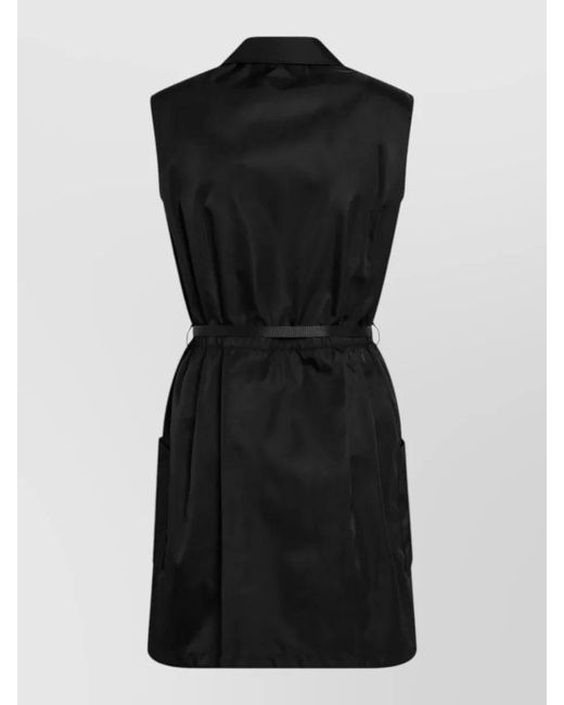 Prada Black Belted Waist Sleeveless Dress Front Pockets