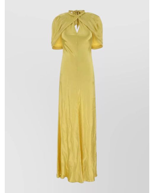 Alberta Ferretti Yellow Satin Long Dress Keyhole Neckline Cape