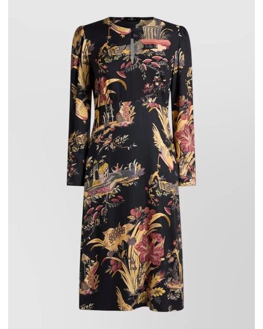 Etro Black Crepe Midi Dress Animal And Floral Motif