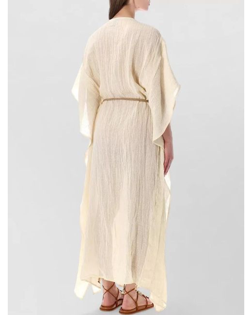120% Lino Natural Long Beach Dress Belted Waist Sheer