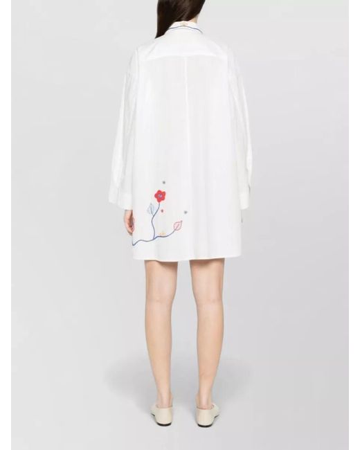 Forte_forte White Cotton Shirt Dress Tailored Collar Floral Embroidery