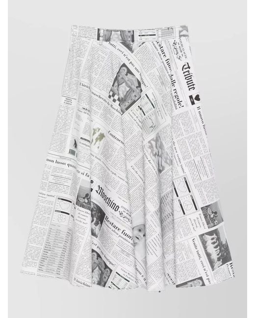 Moschino White High Waist Midi Skirt Newspaper Print