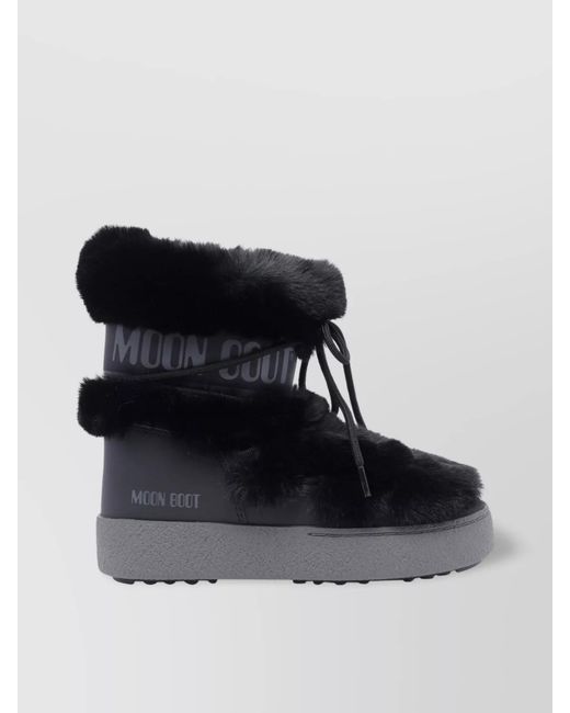 Moon Boot Black Fur Trim Round Toe Booties