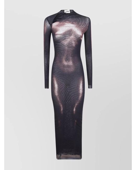 Jean Paul Gaultier Blue Printed Mesh Asymmetric Midi Dress