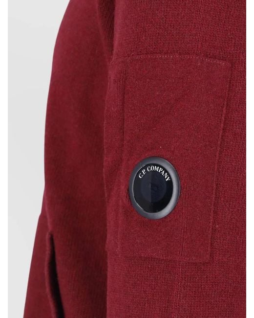 C P Company Red Crewneck Jacket High Collar Arm Pocket for men