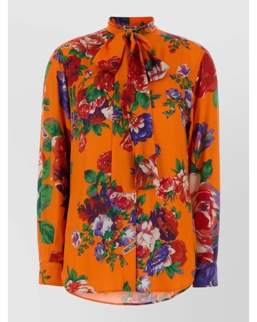 Moschino Orange Satin Shirt Bow Neck Floral Motif