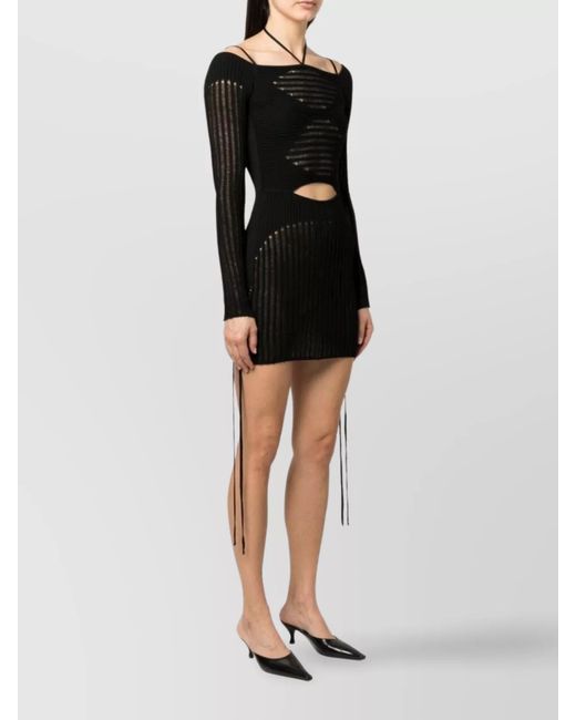 ANDREADAMO Black Ribbed Knit Cutout Halterneck Long-Sleeve Mini Dress