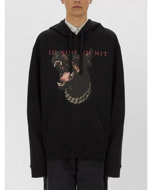 Ih Nom Uh Nit Black Dobermann Graphic Hooded Sweatshirt Ribbed Cuffs Hem for men