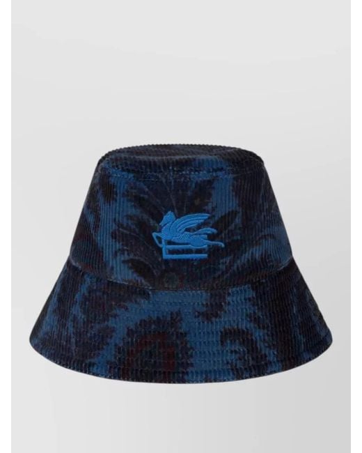 Etro Blue Ribbed Floral-Print Bucket Hat for men