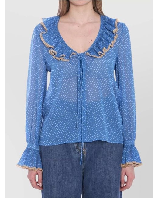 Valentino Garavani Blue Silk Printed V-Neck Blouse