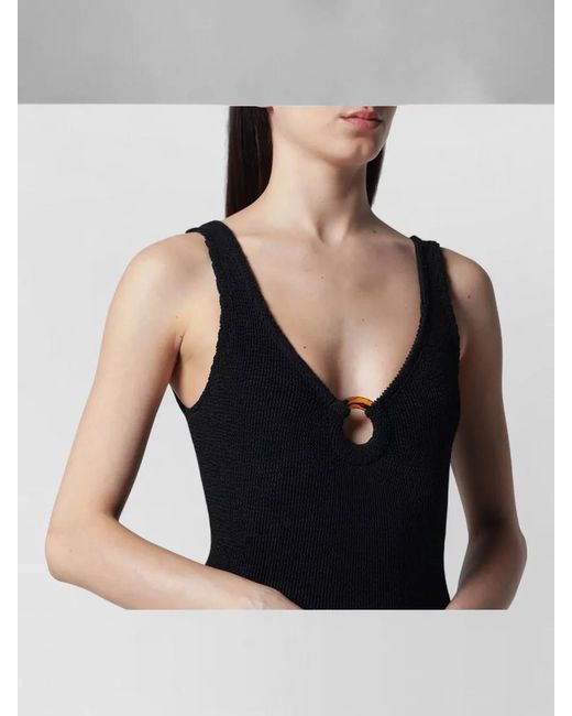 Hunza G Black Ring Detail Sleeveless Textured Fabric V Neckline