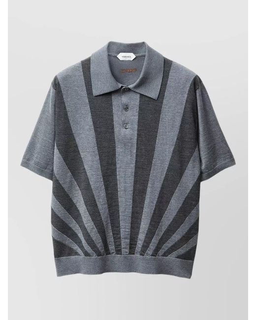 Versace Gray Polo Shirt Rays Intarsia Striped Knit for men