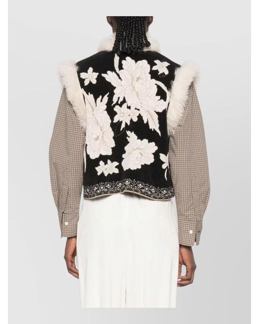 Forte_forte White Faux Fur Cropped Vest Floral Embroidery